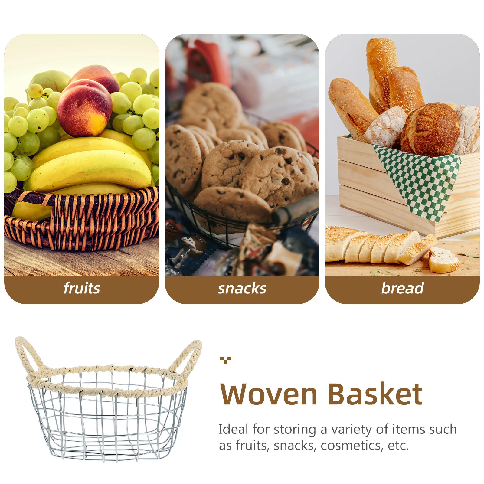

Small Silver Handheld Iron Woven Basket for Kitchen Bread Snack Fruit Vegetable Storage Hollow Desk Top Portable Lightweight