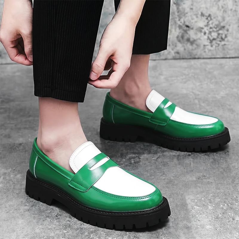 2026 British Style Men's Comfortable Thick Soled Casual Leather Shoes Fashionable Brand Low Cut Color Blocked Loafers for Men