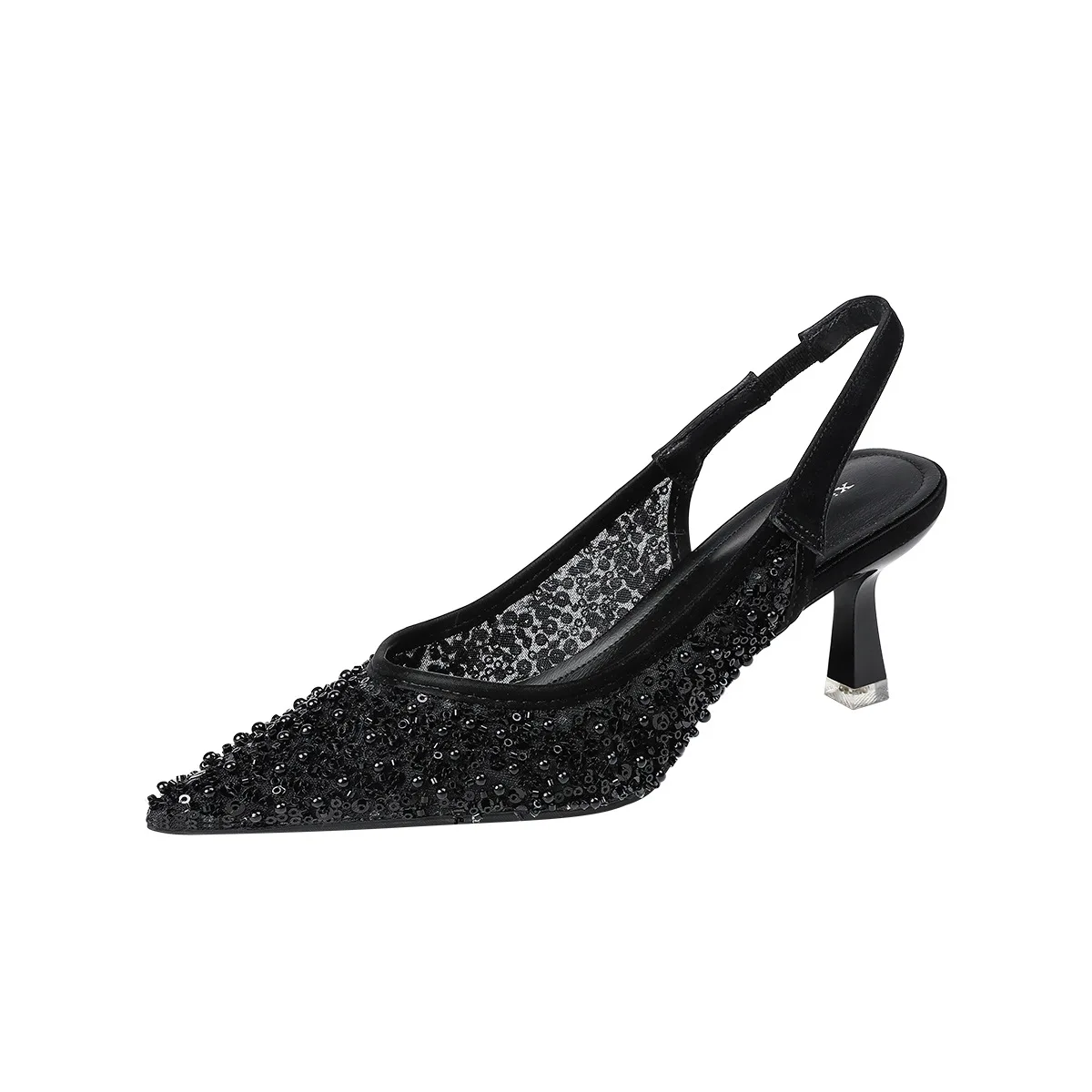 

2026 Women's Black Sequin Embellished Pointed Toe Slingback Stiletto Heel Elegant Evening Occasion Shoes