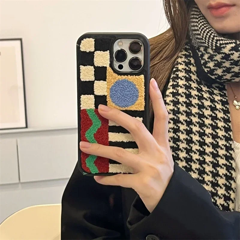 Autumn Winter Towel Embroidery Geometric Shapes Phone Case For Iphone 15 14 13 Pro Max Plush Phone Cover For Simple Style Fundas