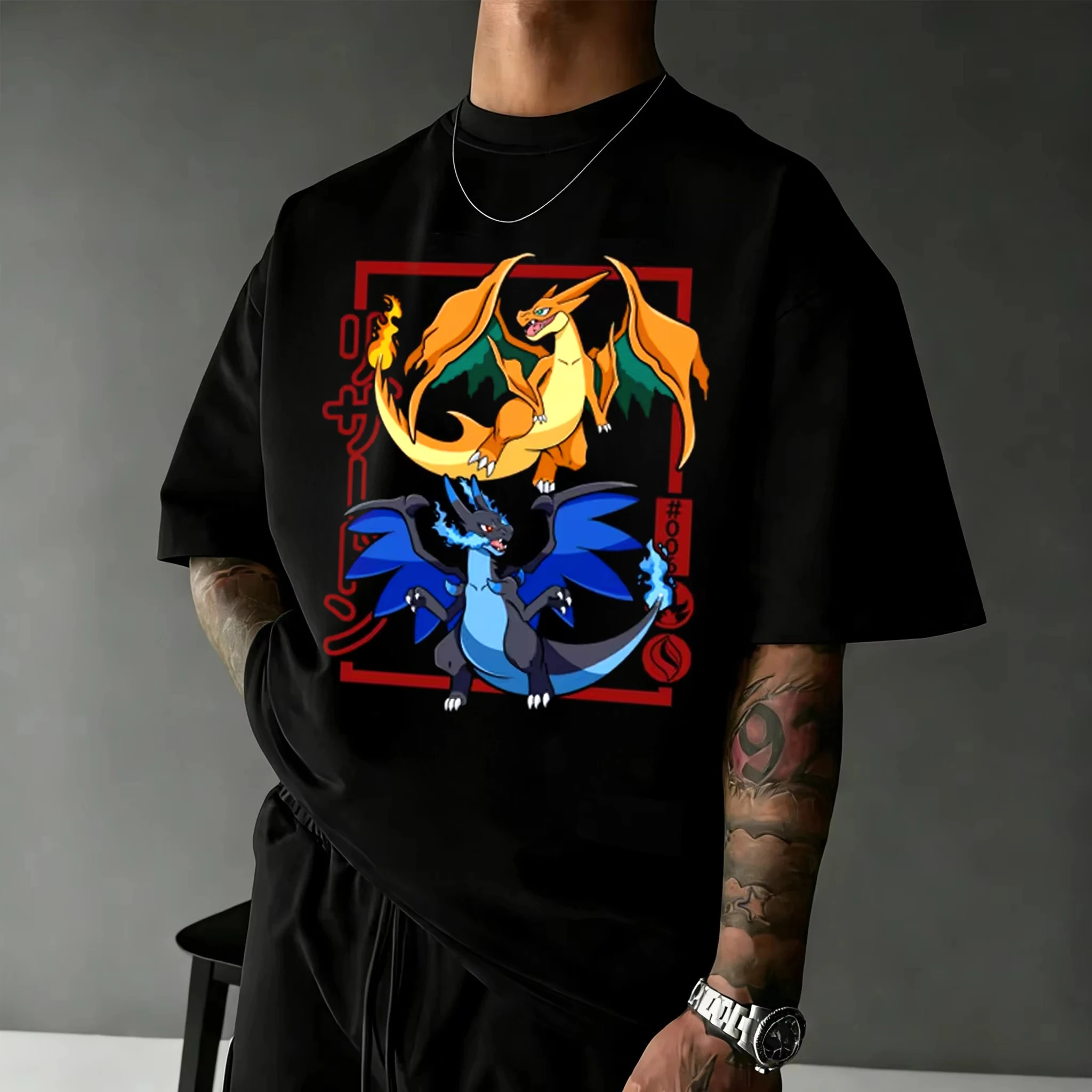 T-shirt en coton imprimé Pokémon Charizard Evolution pour hommes et femmes, nouvelle Collection printemps/été, Streetwear à manches courtes