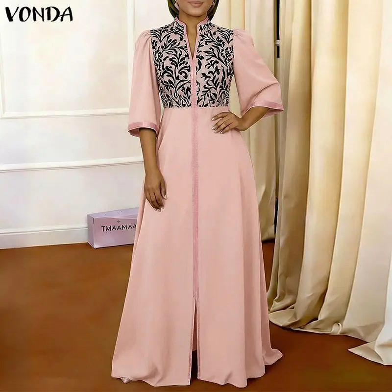

Elegant Summer Autumn VONDA Women Plus Size Dresses Print 3/4 Sleeve Long Maxi Dresses OL Party Thin Dress Vestidos Streetwear