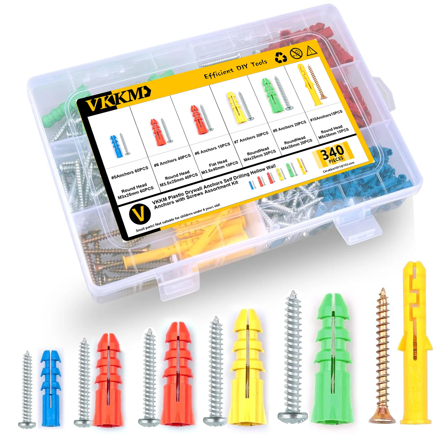 340-Piece Drywall Anchors and Screws Combo Pack - 170 Plastic Wall Anchors and 170 Screws- Organizer Box Included