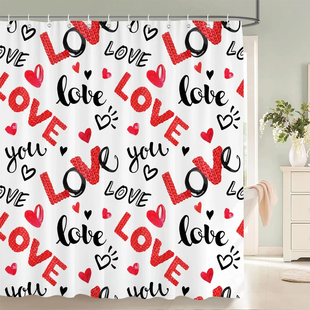 

valentines day shower curtain red pink love hearts print waterproof polyester for bathroom decor Can be used as a partition