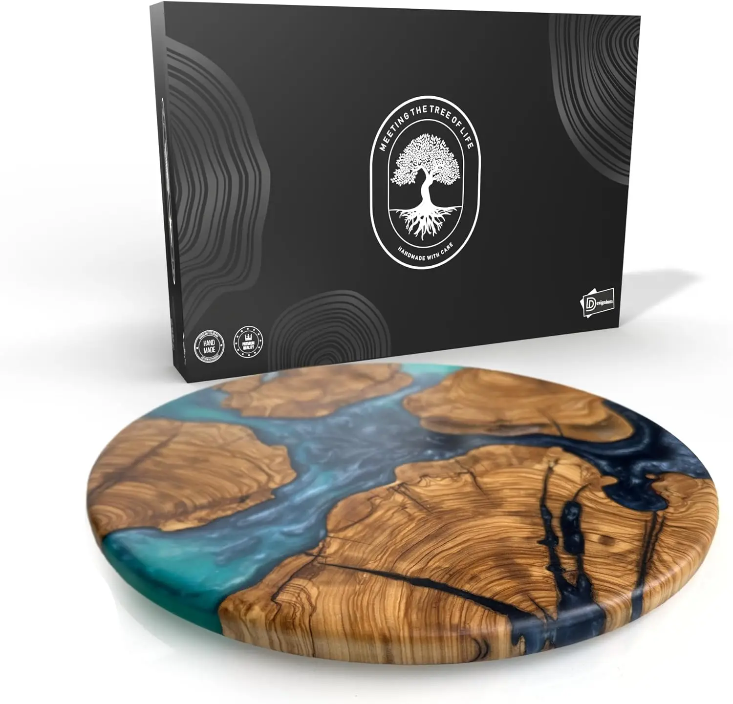 

Olive Wood Round Resin Cheese & Charcuterie Board – Circular Decorative Epoxy Cutting Board with Unique Blue Resin Artw