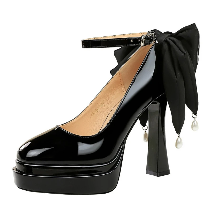 

Роскошные туфли-лодочки из лакированной кожи на платформе и массивном каблуке, женские туфли Мэри Джейн с бантом и ремешком на щиколотке, элегантные удобные туфли на каблуке с круглым носком