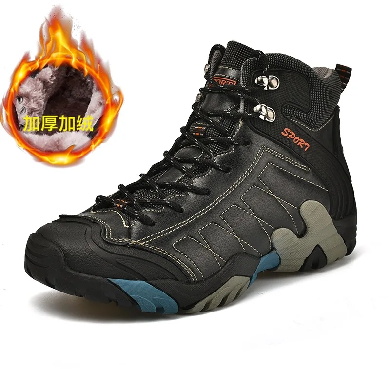 Winter New Men's Casual High Top Outdoor Mountaineering Shoes with plush insulation and waterproof snow boots