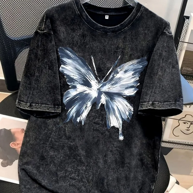 Vintage Washed Butterfly Graphic T-Shirt Abstract Art Print Oversized Unisex Streetwear Tee Casual Tops for Men Women