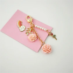 Fashion Camellia Keychains with Exquisite Rose Hanging Ornament for Women Bag Decorative Creative DIY Birthday Presents Keyring