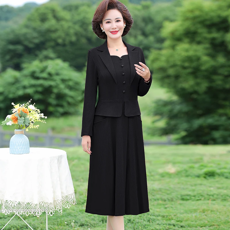 Women Autumn Dress Femme Fashion Solid Suit Collar Office Long Sleeve A-line Party Knee-length Women Vestido