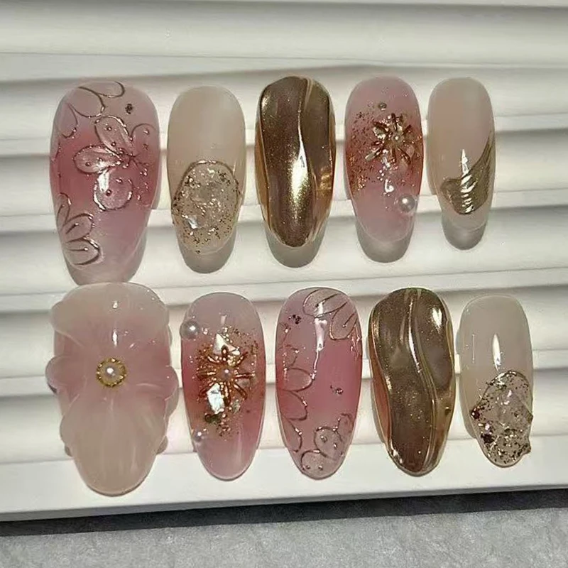 10 stuks elegante en prachtige handgemaakte pers op nagels blush perzikbloesem golflijnen nepnagels verwijderbaar en herbruikbaar