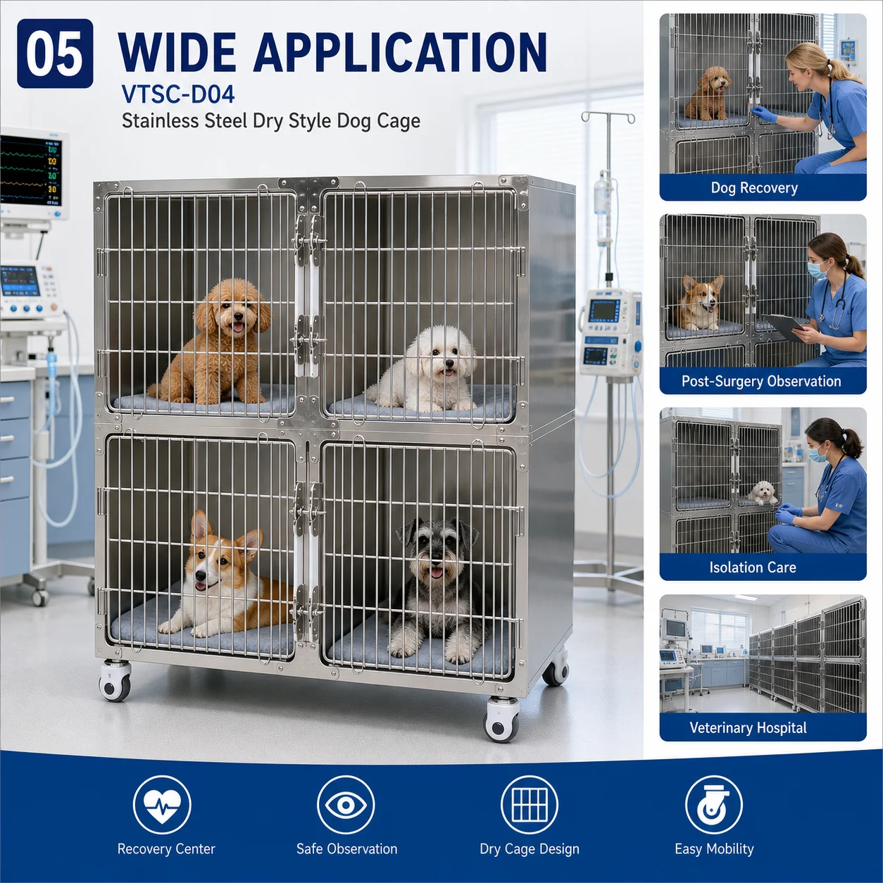 Dry Style Stainless Steel Veterinary Dog Cage Cat Cage With Removable Tray For Pet Clinic Easy Clean