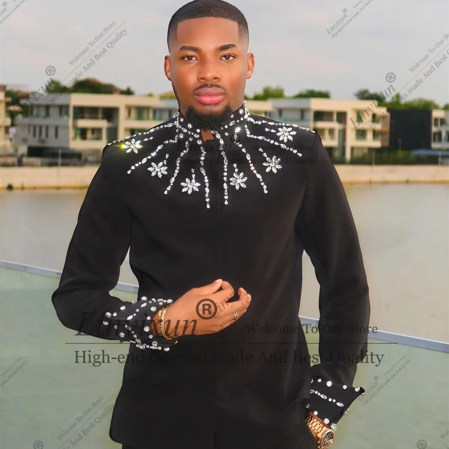 Latest design of a stand-up collar suit Crystals Men Suits Customized Groom Tuxedos Ropa Hombre Wedding Male Party Blazer