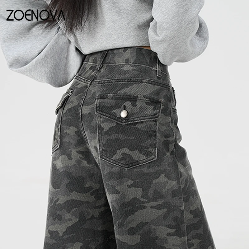 ZOENOVA Camouflage Baggy Jeans Womens Outdoor Tactics Loose Wide Leg Pants Street Y2K Casual Vintage Cargo Small Flared Trousers