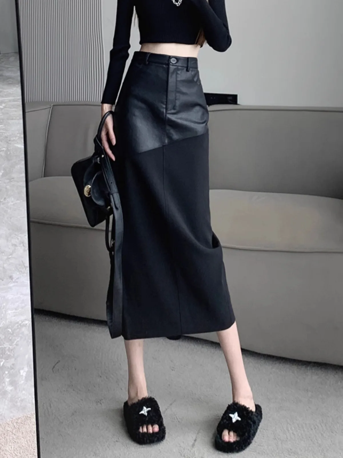 High Waist PU Leather Half Skirt Women's  A-Line Skirt Slimming Split Mid-Length Autumn Fashion Commute Style