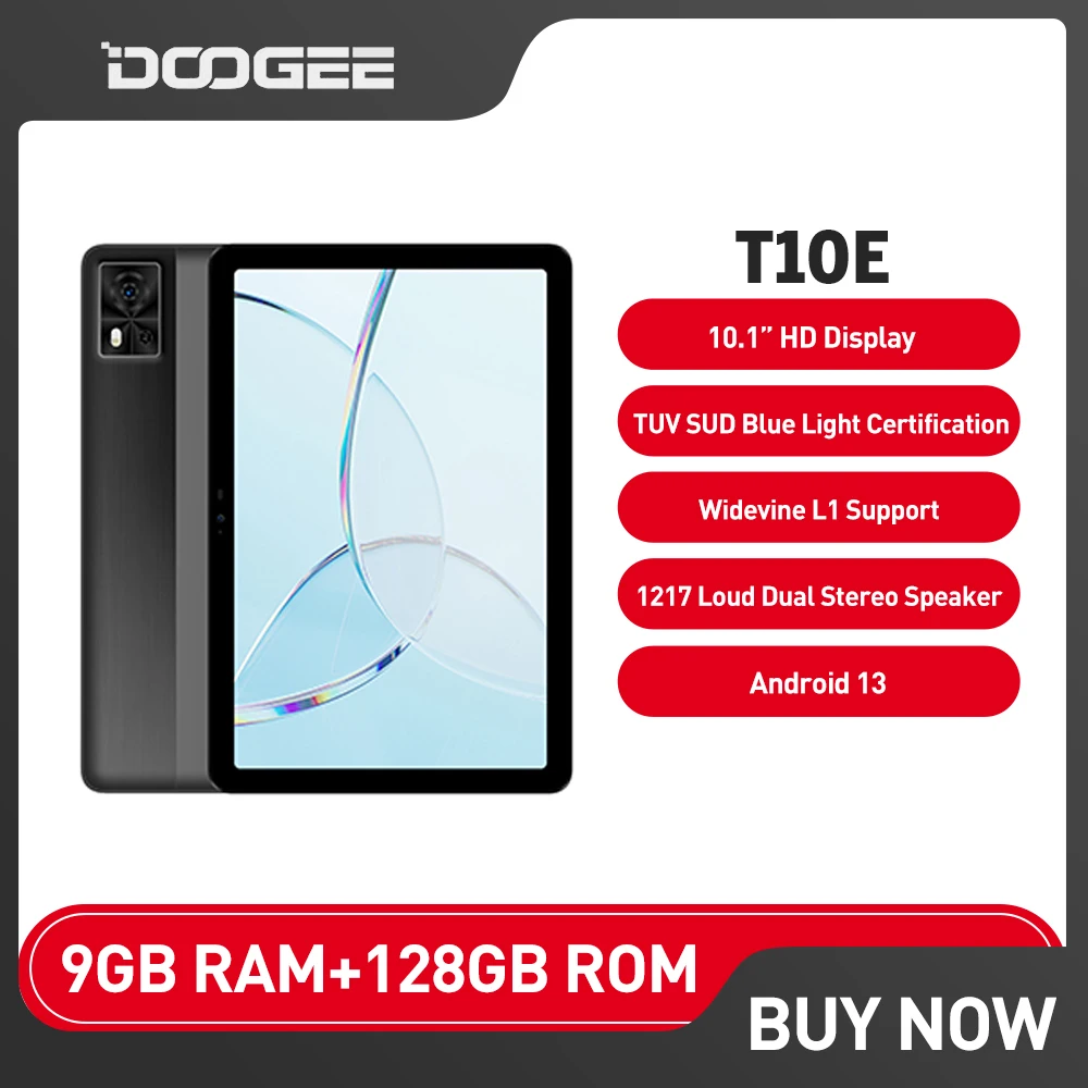 DOOGEE-T10E แท็บเล็ตพีซี, จอแสดงผล HD 10.1 ", TUV Sud, การรับรองแสงสีฟ้า, 9GB + 128GB, Android 13, แบตเตอรี่6580mAh