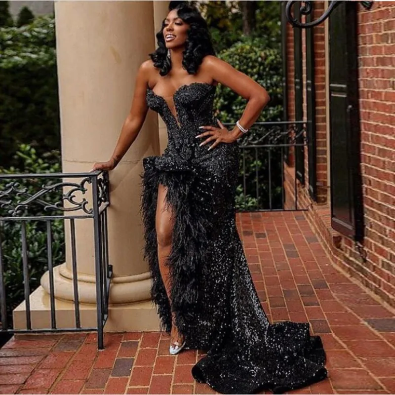 Black Evening Dresses Long Luxury 2024 Sweetheart Rhinestones Bead Feather High Slit Sexy African Formal Party Prom Gala Gowns