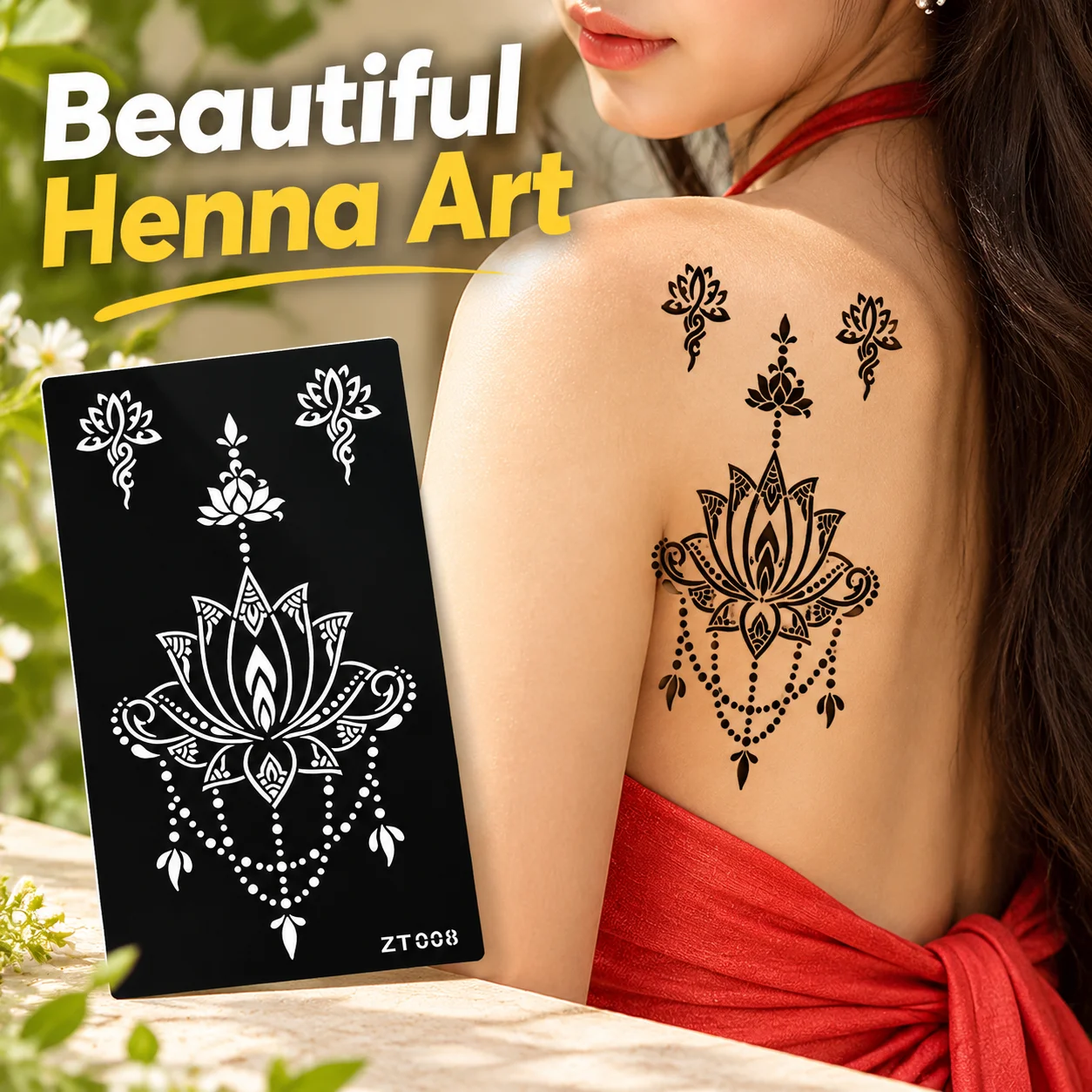 Botanical Tattoo Stencil, Henna Hollow Outline Mold, Indian Ethnic Motif Slip, Body Painting Accessory, Reusable Skin Drawing