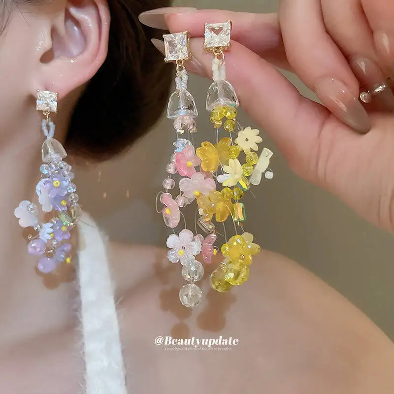Elegant Silver Needle Diamond Studded Floral Tassels Seaside Resort Style Fresh Sweet Elegant Earrings A Unique