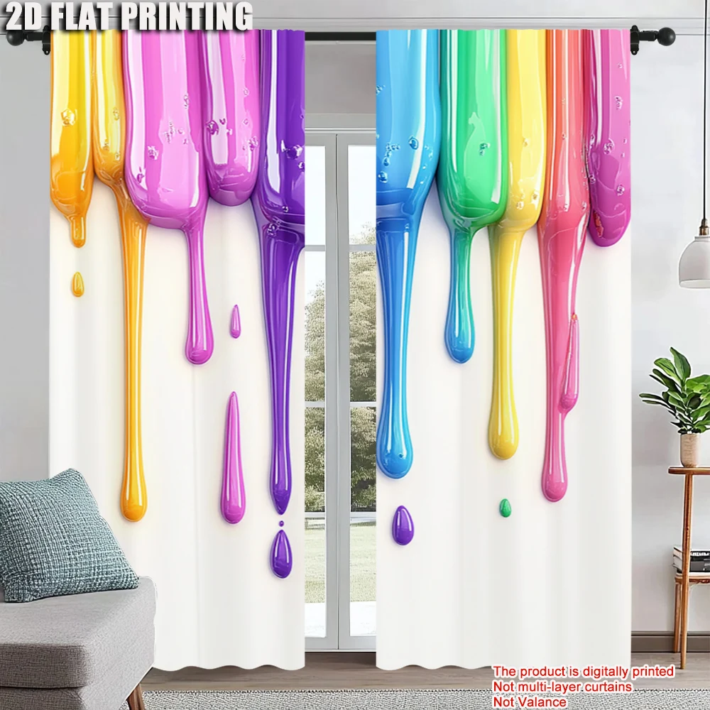 

2Pcs Rainbow Drip Digital Printed Window Curtains Polyester Material Machine Washable Rod Pocket Design For Living Room Kitchen