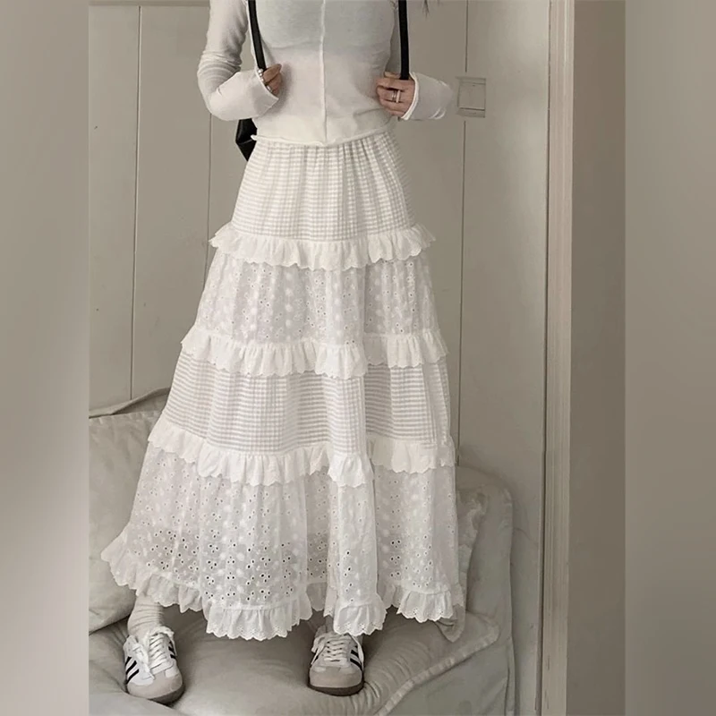 White Hollowed Out Hook Flower White Half Skirt for Women\'s 2024 High Waisted A-Line Cake Skirt Spring Summer Long Skirt ﻿