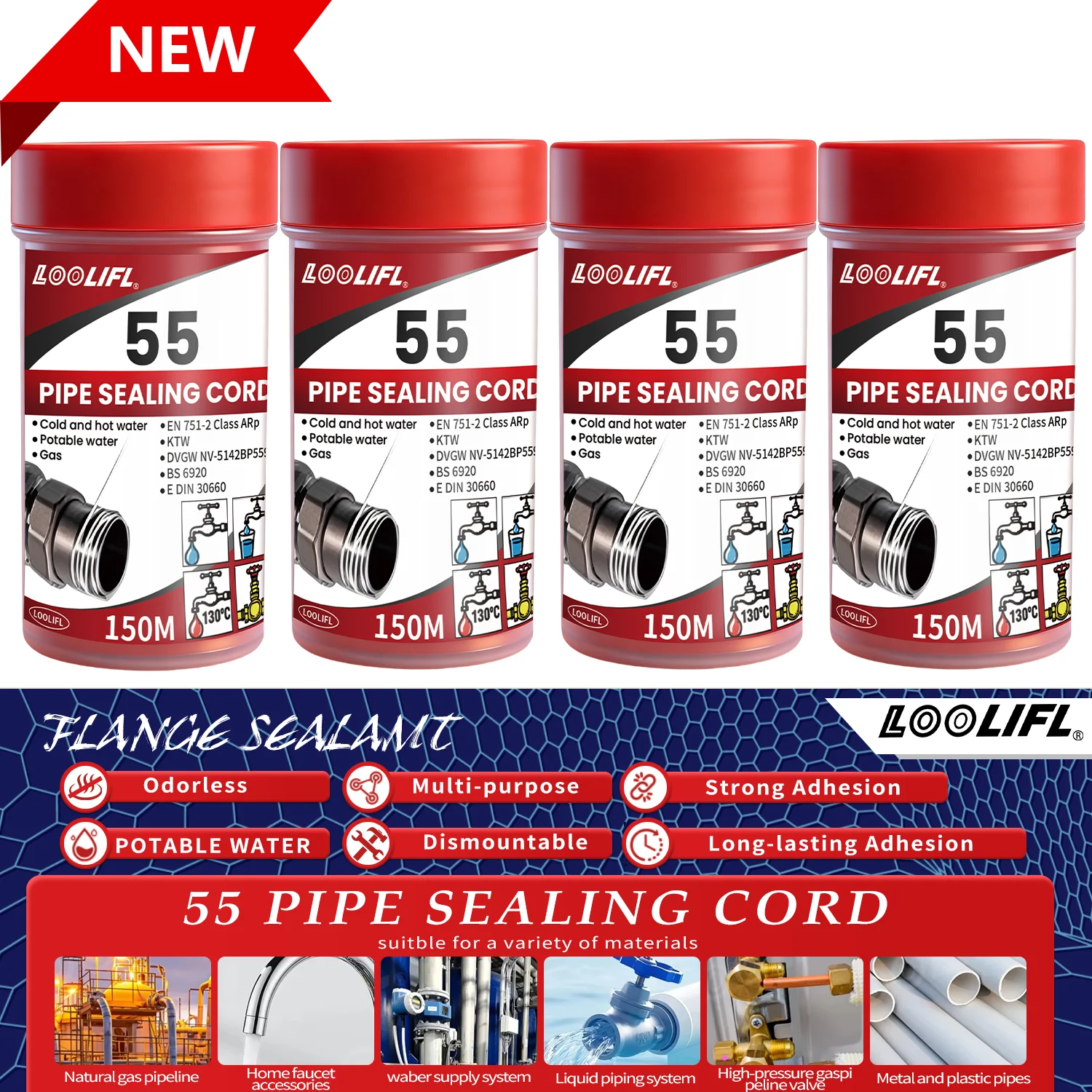 LOOLIFL 55Professional Pipe Sealing Cord Thread Seal Tape Alternative for Hot/Cold Water,Gas Pipeline Plumbing Sealing Solution