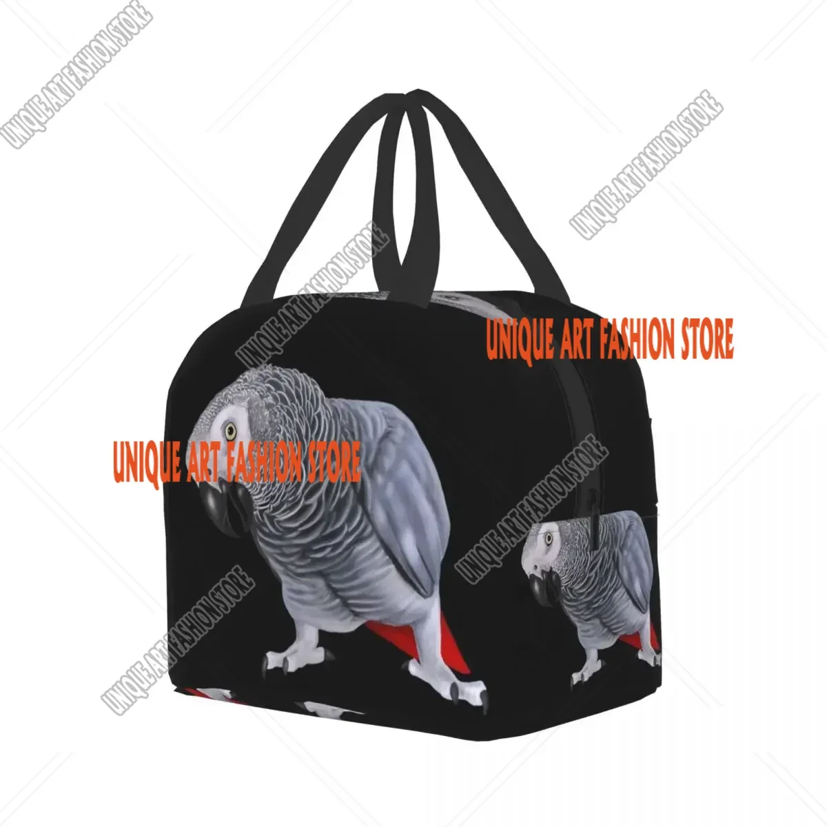 Borsa per il pranzo isolata con pappagallo grigio africano per la scuola di lavoro Psittacine Bird Borsa per il pranzo termica portatile per donne Borse per alimenti per bambini