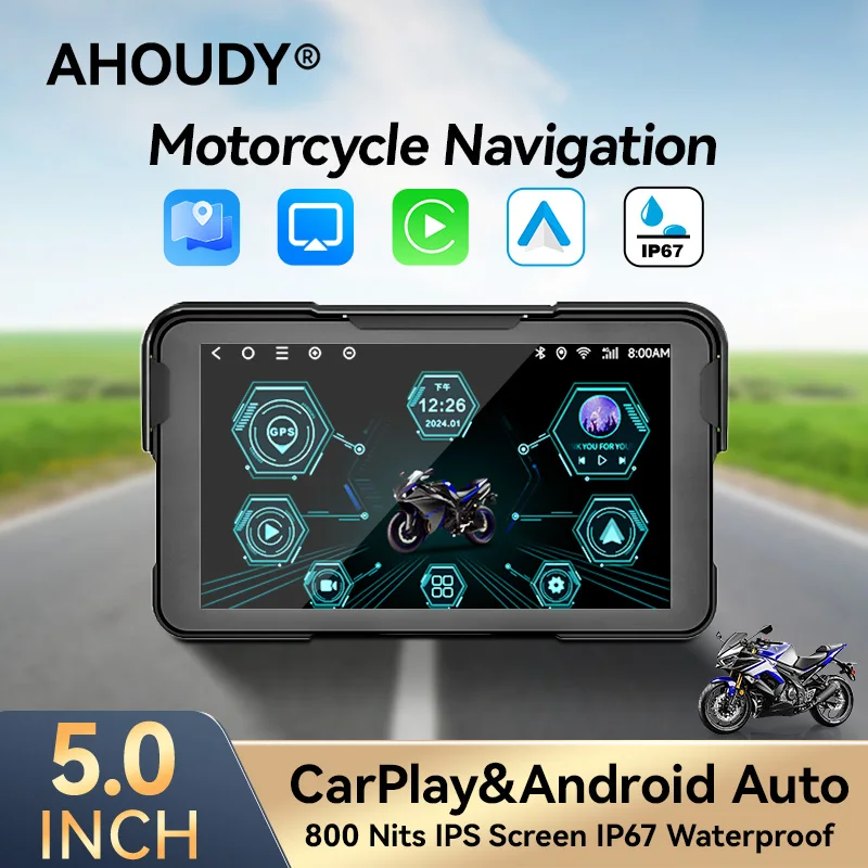 

AHOUDY 5-дюймовый мотоциклетный навигационный экран Carplay IP67 Водонепроницаемый Android Auto Bluetooth 5G WiFi модуль