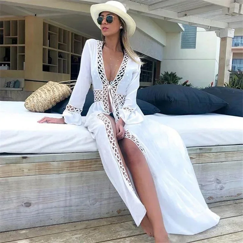 2024 Szydełkowa Biała Dzianinowa Sukienka Plażowa Tunika Długa Pareo Bikini Cover Ups Swim Cover Up Robe Plage Beachwear