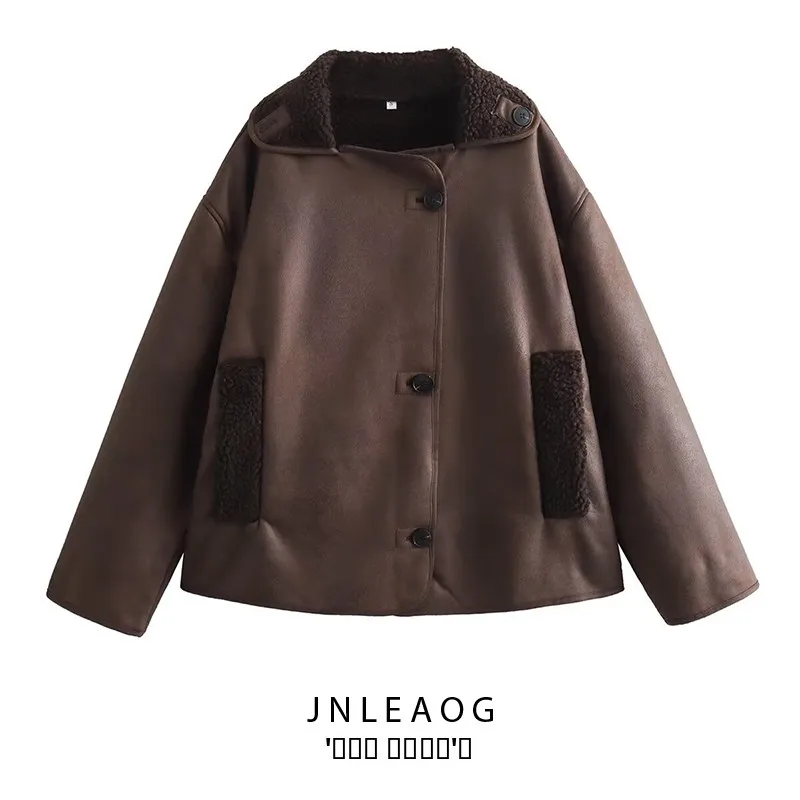 

JNLEAOG Autumn New Women's Faion Design Brown Jaet Versatile Outerwear Polyester Fiber Long Sve Stand Fit Coat