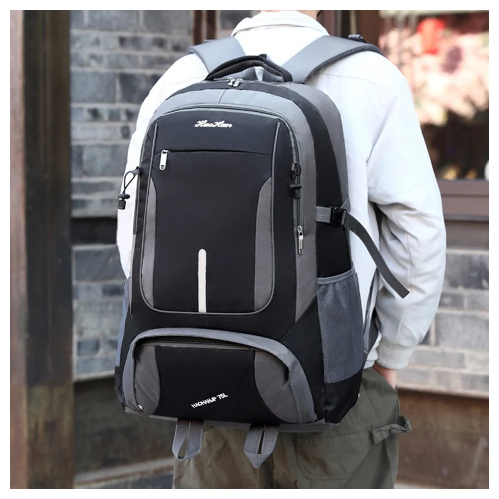 75L Polyester Oxford Hiking Backpack with Front Organizer Side Mesh Pockets and Adjustable Shoulder Straps for Camping Travel