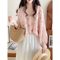 Women Summer Korean Fashion Loose Printing All-match V-neck Long Sleeve Chiffon Shirts Ladies Office Lady Appear Thin Sweet Tops