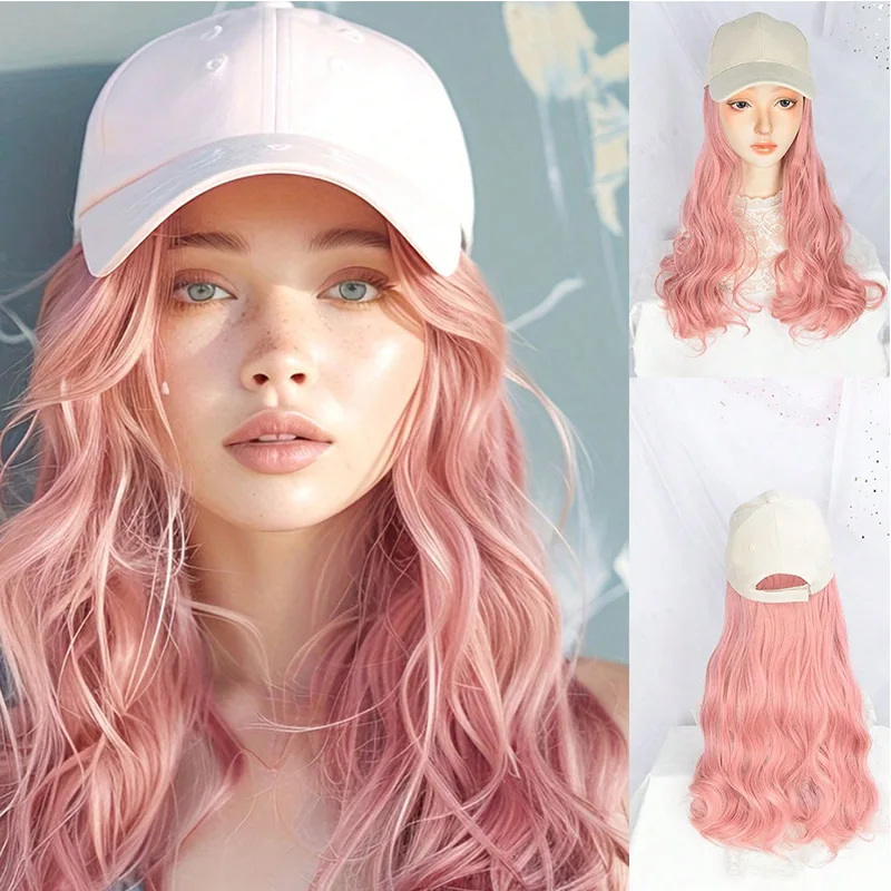 

Hat Wig for Women Long Wave Baseball Cap Wig with Curly Synthetic Hair Extensions Adjustable Pink White Baseball Hat Wig