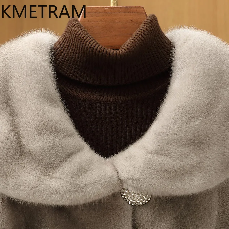 KMETRAM 100% 천연 밍크 퍼 재킷 여성용 럭셔리 라펠 숏 그레이 리얼 퍼 코트 겨울 외투 여성 의류
