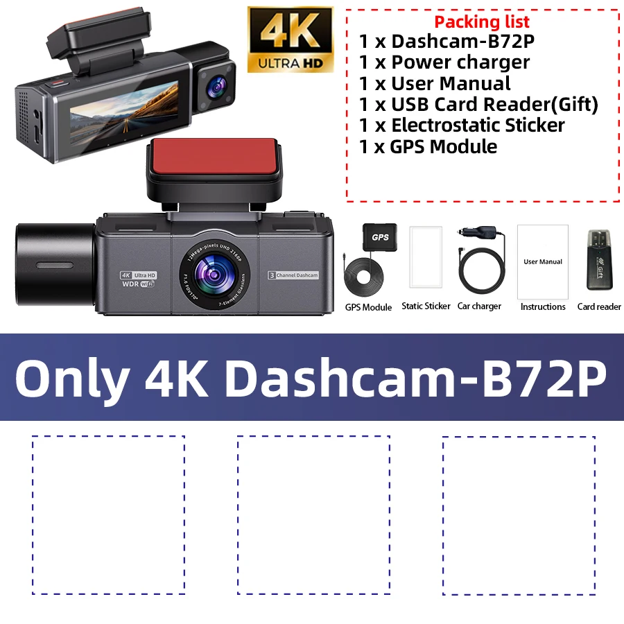 E-ACE 3-Channel 4K Dashcam Black Box Video Recorder Infrared Cabin Camera Support WIFI GPS Night Vision Parking Mode Car Dvr