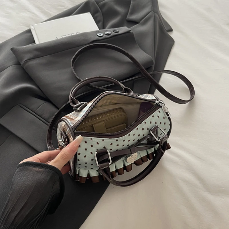 Korean Bow Pillow Bag Women Star Checkered Handbag Blue Brown Pleated Edge Shoulder Bag Cute Heart-shaped Pendant Crossbody Bag view 6