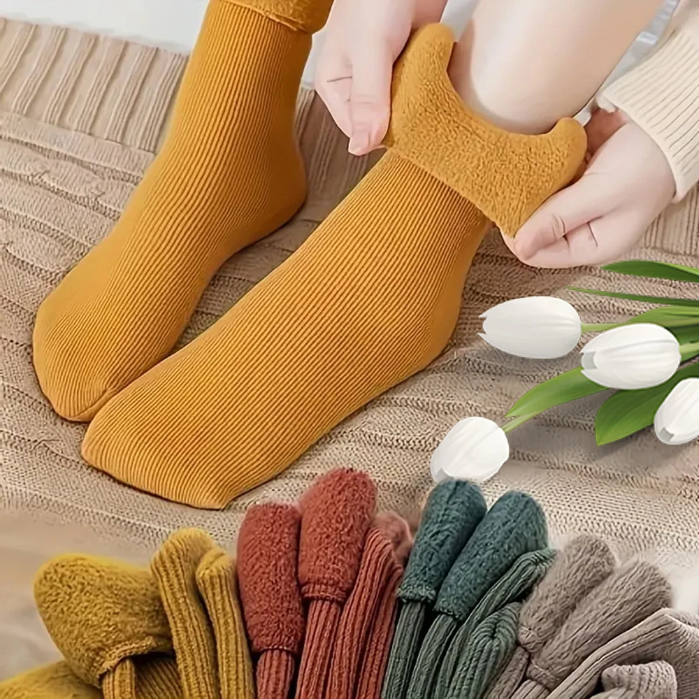 

4 Pairs Winter Warm Solid Women Socks Thicken Thermal Socks Black Skin Seamless Snow Sock Unisex Socks
