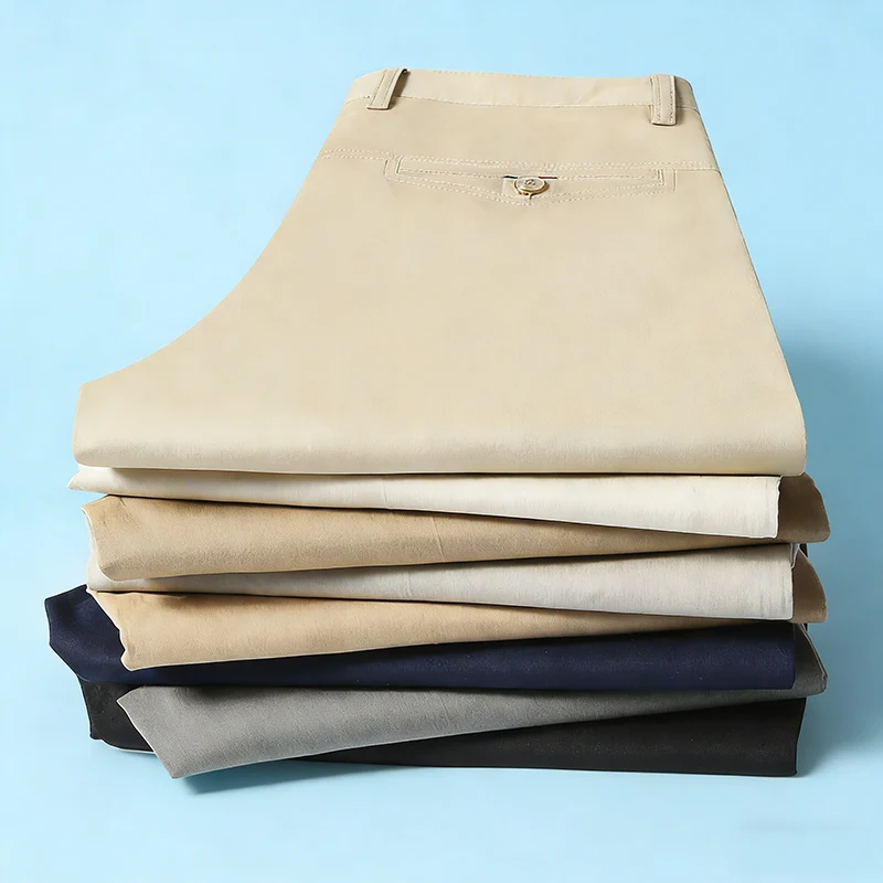 Men's Spring Autumn 100% Cotton Middle-aged Business Trousers Straight Slacks High Waist Dad's Thin Thick Casual Male Suit Pants