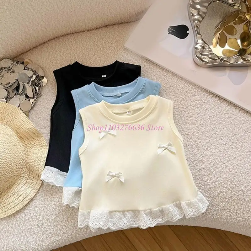 R6FD Lovely Girls Summer Vest Sleeveless T-shirt with Decorative Bowknot and Hemline Detail for Ages 2 to 8 Years Baby