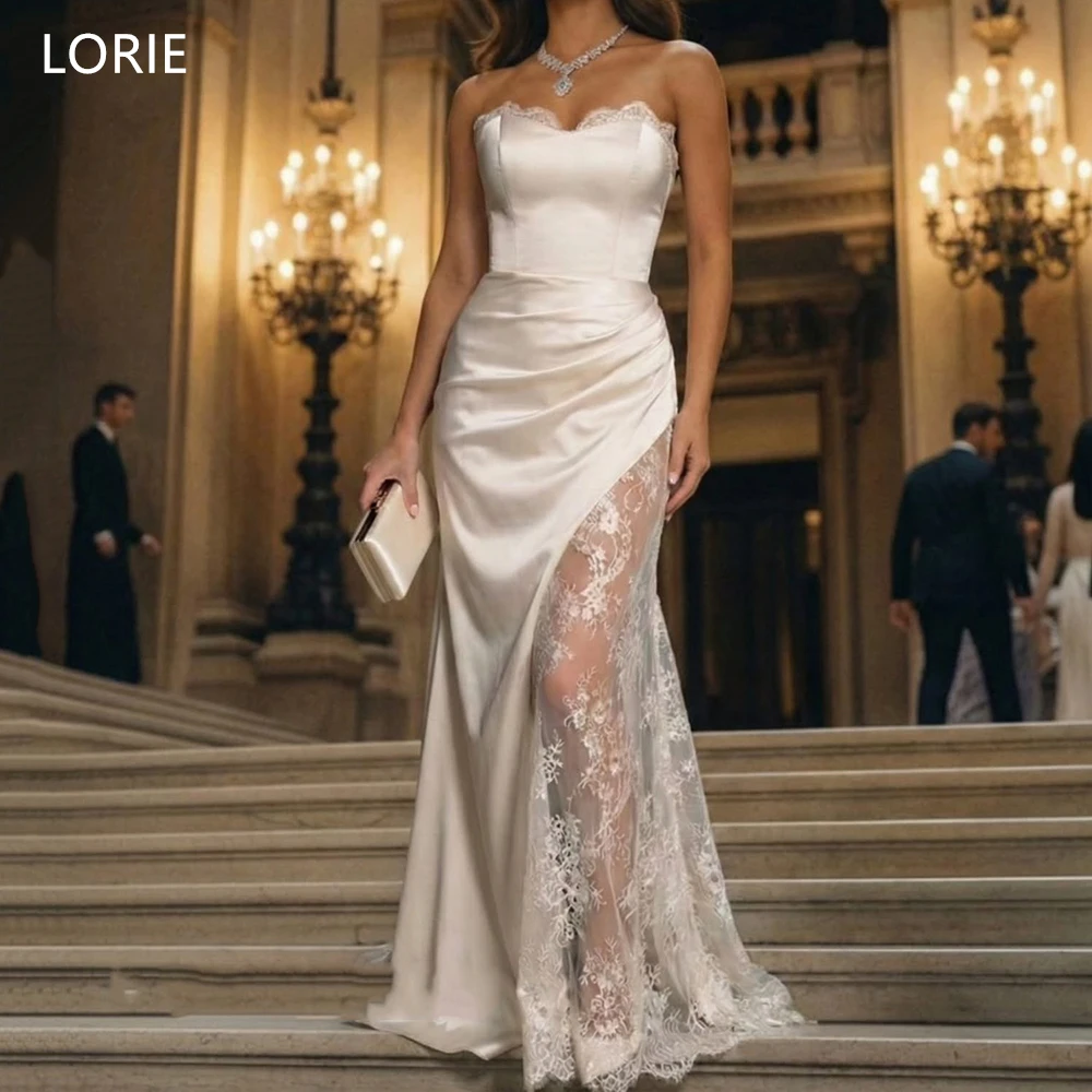 

LORIE Elegant Satin Wedding Dresses Pleats Strapless Sleeveless Lace-Up Bride Prom Gown Lace Mermaid Bridal Gowns Customized