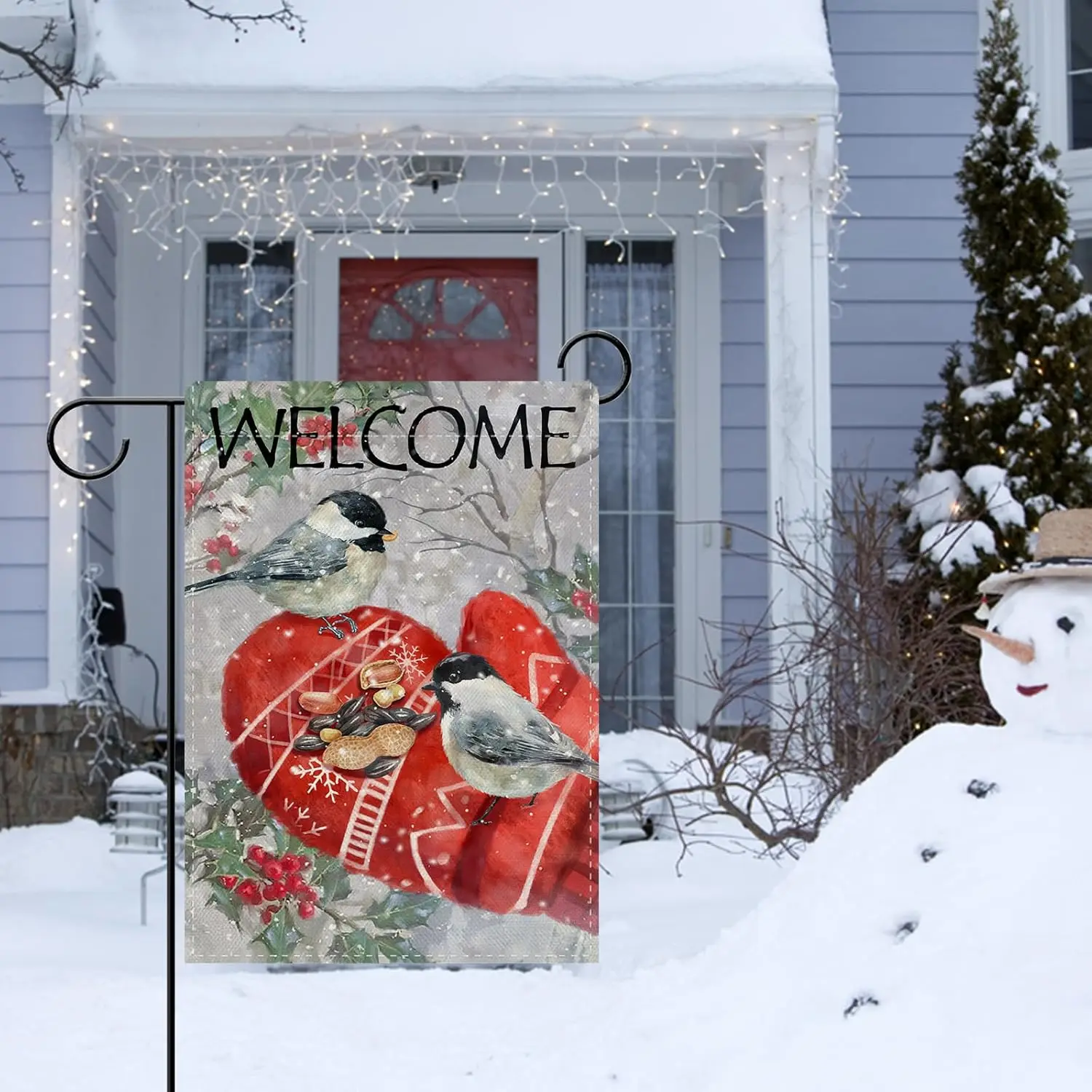 Dyrenson Welcome Winter Chickadee Mitten Decorative Garden Flag, Snowy Birds Holly Berries Nuts Yard Outside Home Decoration EEZ