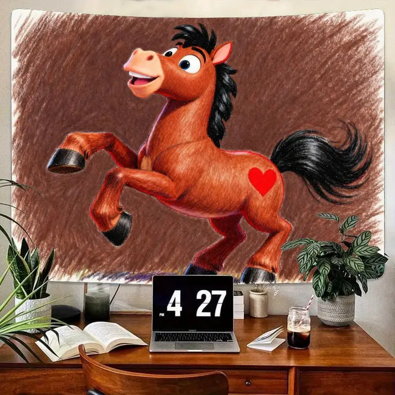 

1PC Toy Story Bullseye Horse Tapestry, Cute Cartoon Wall Art with Red Heart. Modern Polyester Decor Gift for Kids Room.