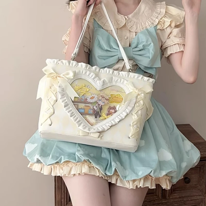 

New Heart Ribbon Itabag Fashion Aesthetic Jk Handbag Anime Badge Storage Bag Daily One Shoulder Pu Tote Bag For Women