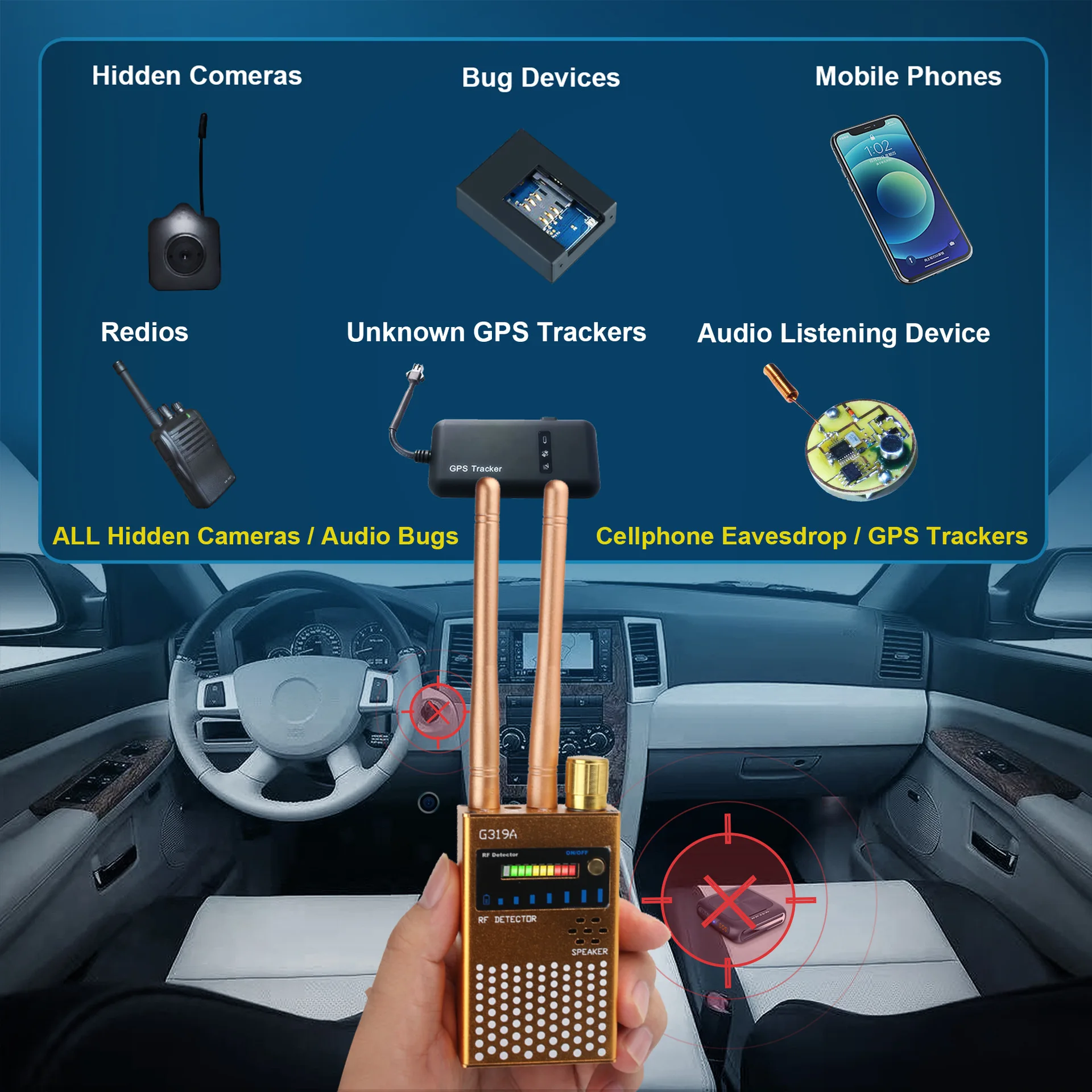 G319A HF-Detektor für versteckte Kameras und Spionage, 1 MHz–6500 MHz Frequenzbereich, 10 ㎡   Erkennung, tragbares Anti-Überwachungsgerät