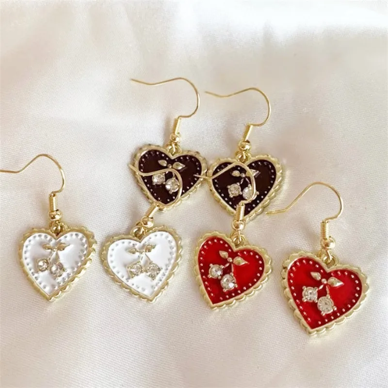 

New 1 Pair Cool Quirky Retro Heart with Crystal Cherry Drop Dangle Earrings In Brown, Red or White on 18k Gold Plated Hooks