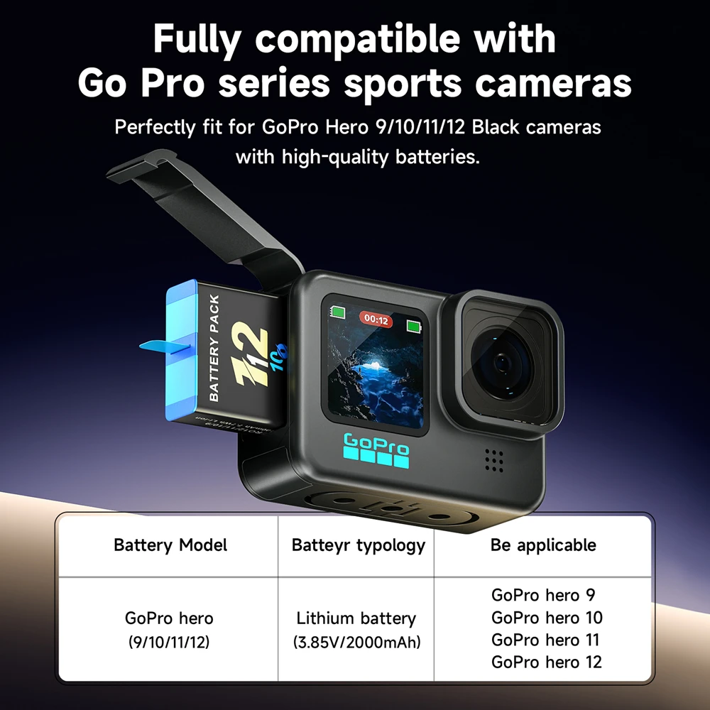 Bateria 2000mAh do kamery Gopro Hero 9 10 11 12 z wyświetlaczem LCD i 3-gniazdową szybką ładowarką do kamer sportowych GoPro Hero12 11 — zdjęcie produktu 5