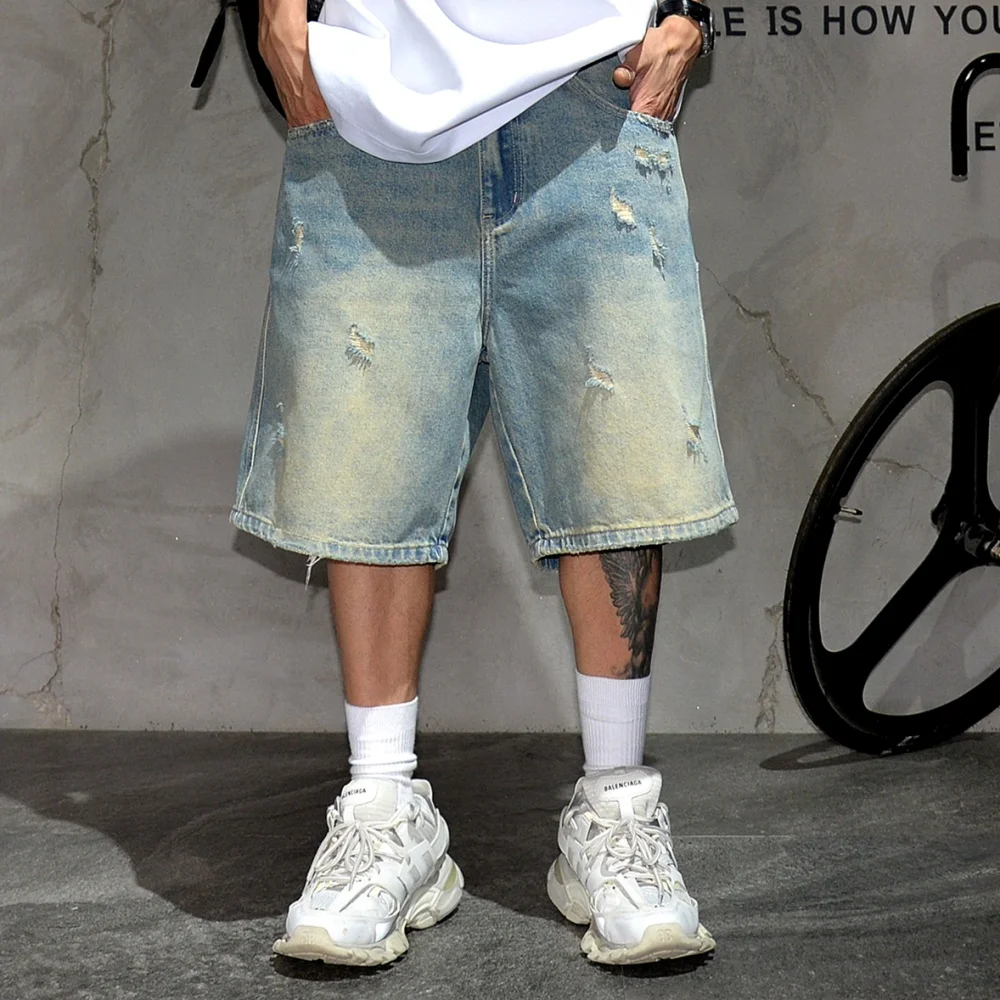 Korean Vintage Distressed Jorts Men Clothing Hip Hop Ripped Denim Shorts Streetwear Baggy Jeans Summer Harajuku Casual Shorts