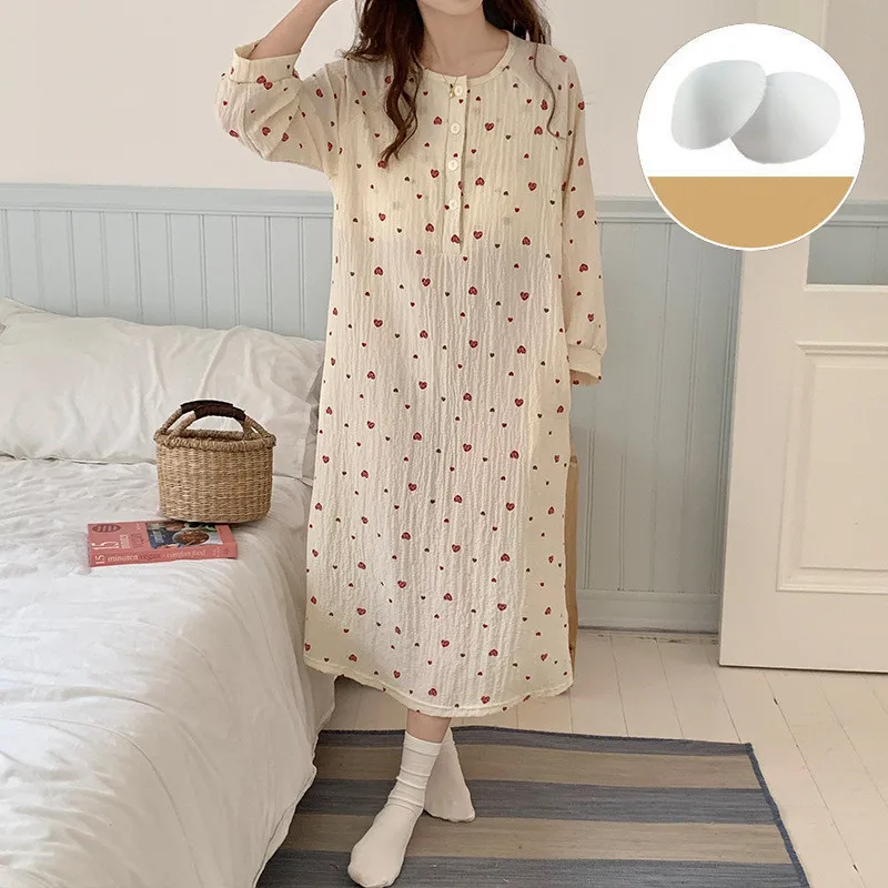 Chest Padded Women\'s Cotton Nightgowns New Korean Loose Sleepwear Home Dress New Long Sleeve Spring Autumn Girls Nightdress