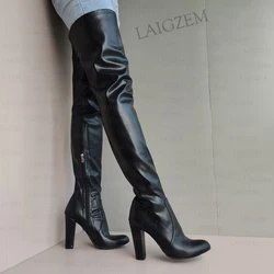 SEIIHEM Women Thigh High Boots Thick Heels Faux Leather Over Knee Boots Round Toe Unisex Ladie Shoes Woman Plus Size 39 41 45 52