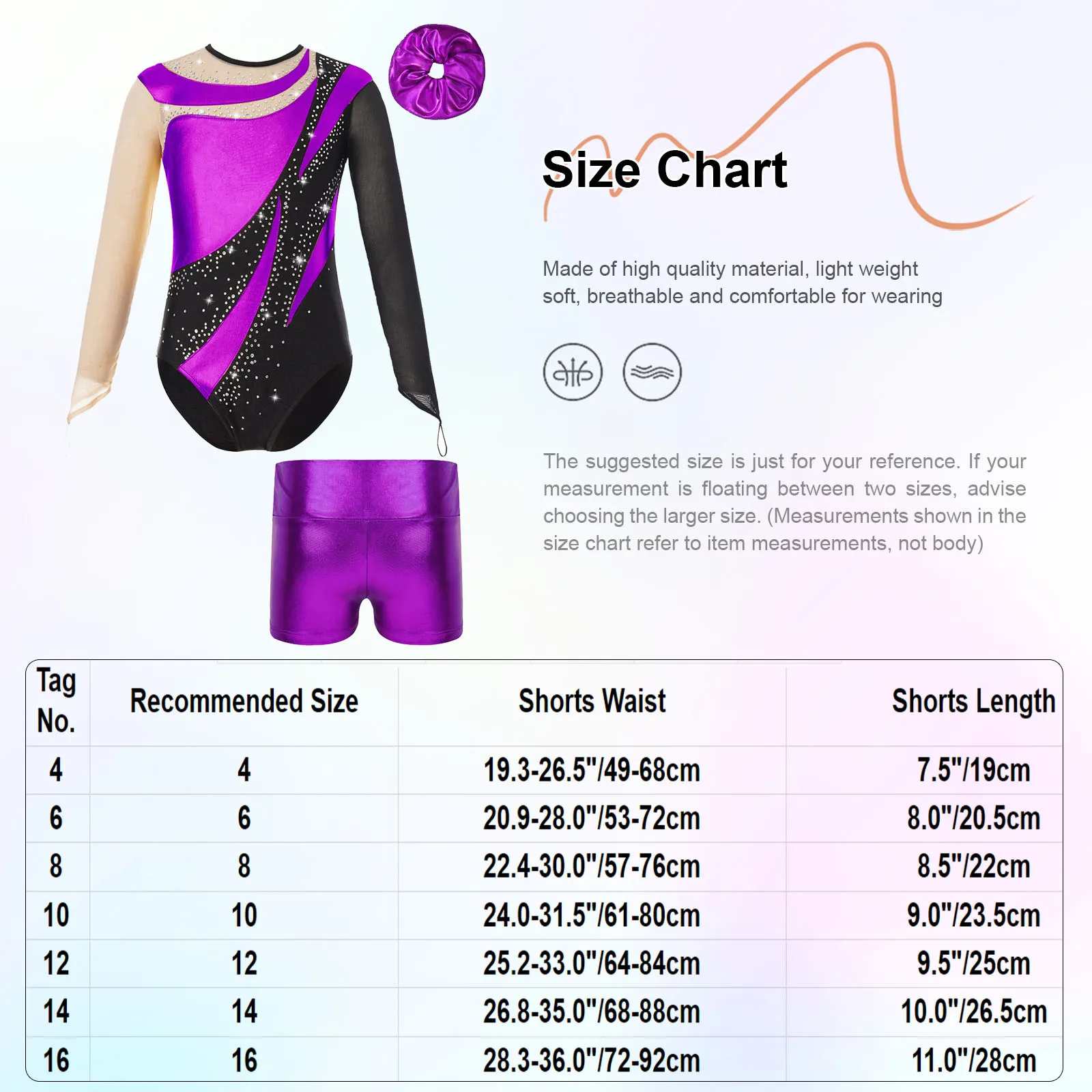 Big Gilrs Gymnastic Leotard Dance Costume for Performance Competition Acrobatics Dancewear Suit Long Sleeve Bodysuit and Shorts